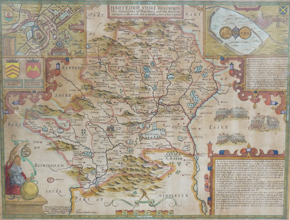 John Speed (1552-1629), Hertfordshire, described the situations of Hartford and the most ancient towne S. Albans with such memorable actions as have happened, sold by Roger Rea the elder and younger, hand coloured engrav